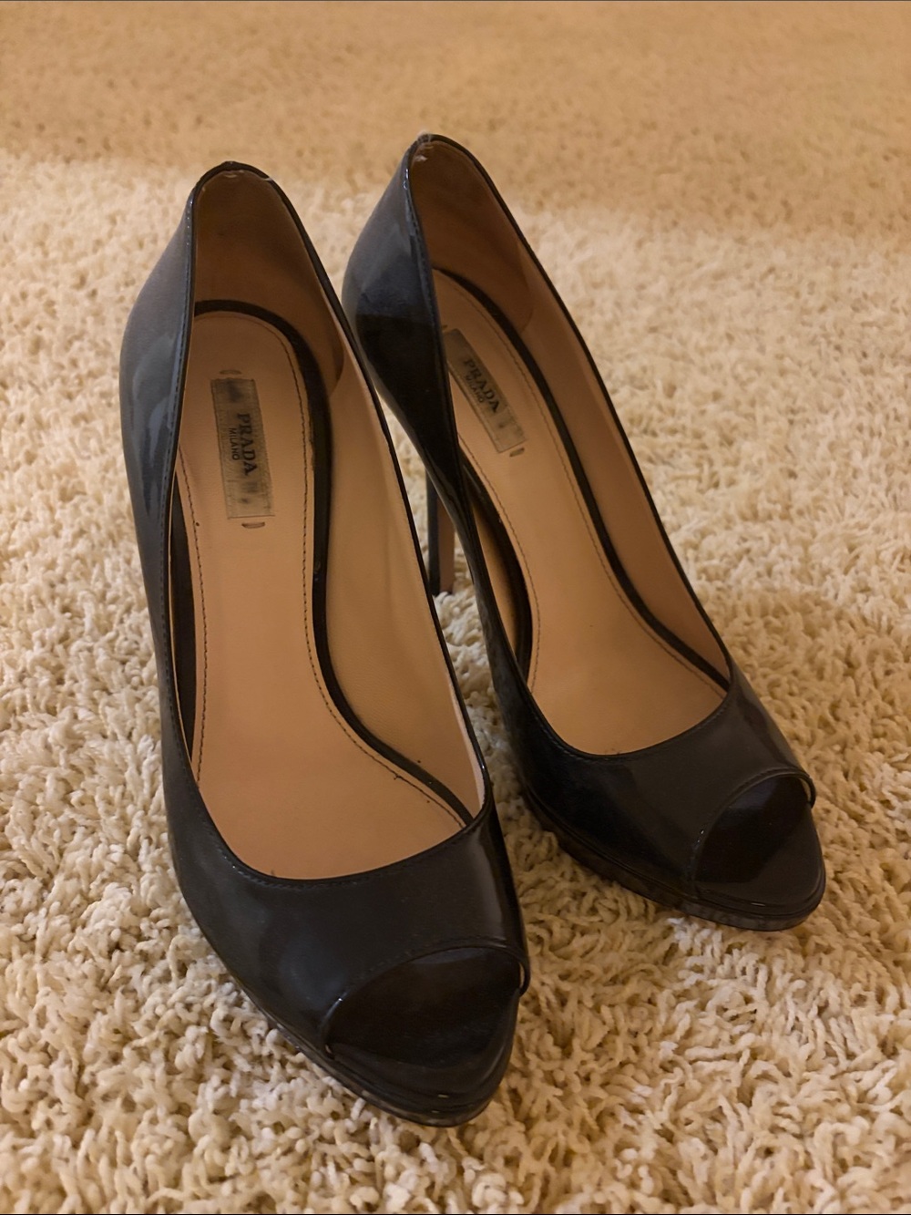 Prada Black Leather Peep-Toe Stiletto Heels
